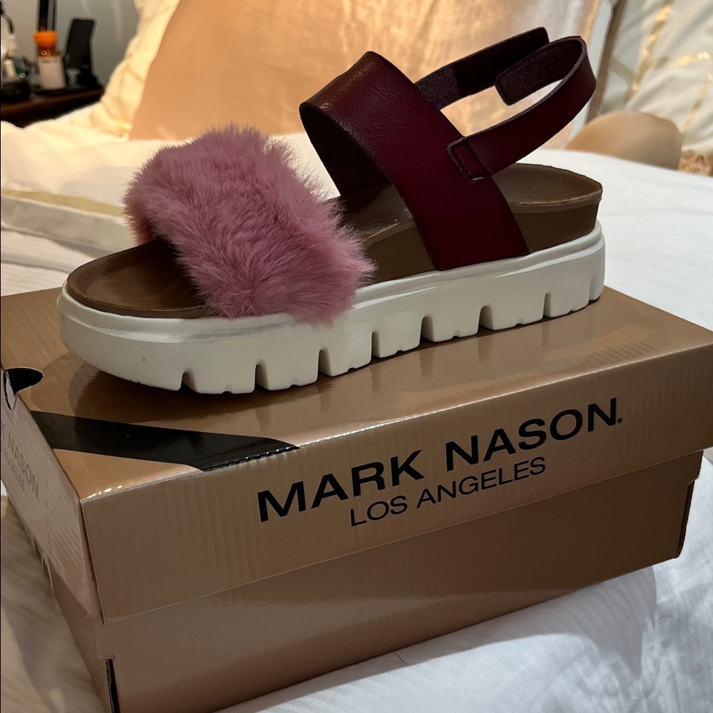 Mark Nason Women's Sandals with Pink Fur and Burgundy Strap